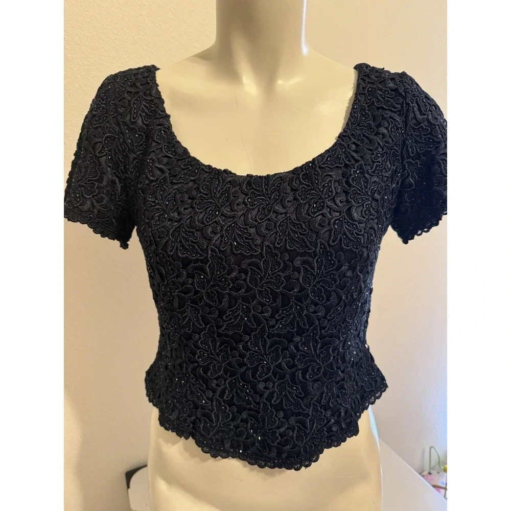 CARMEN‎ MARC VALVO Navy Ornate Embellished beaded Blouse Top 6 Petite Embroidery